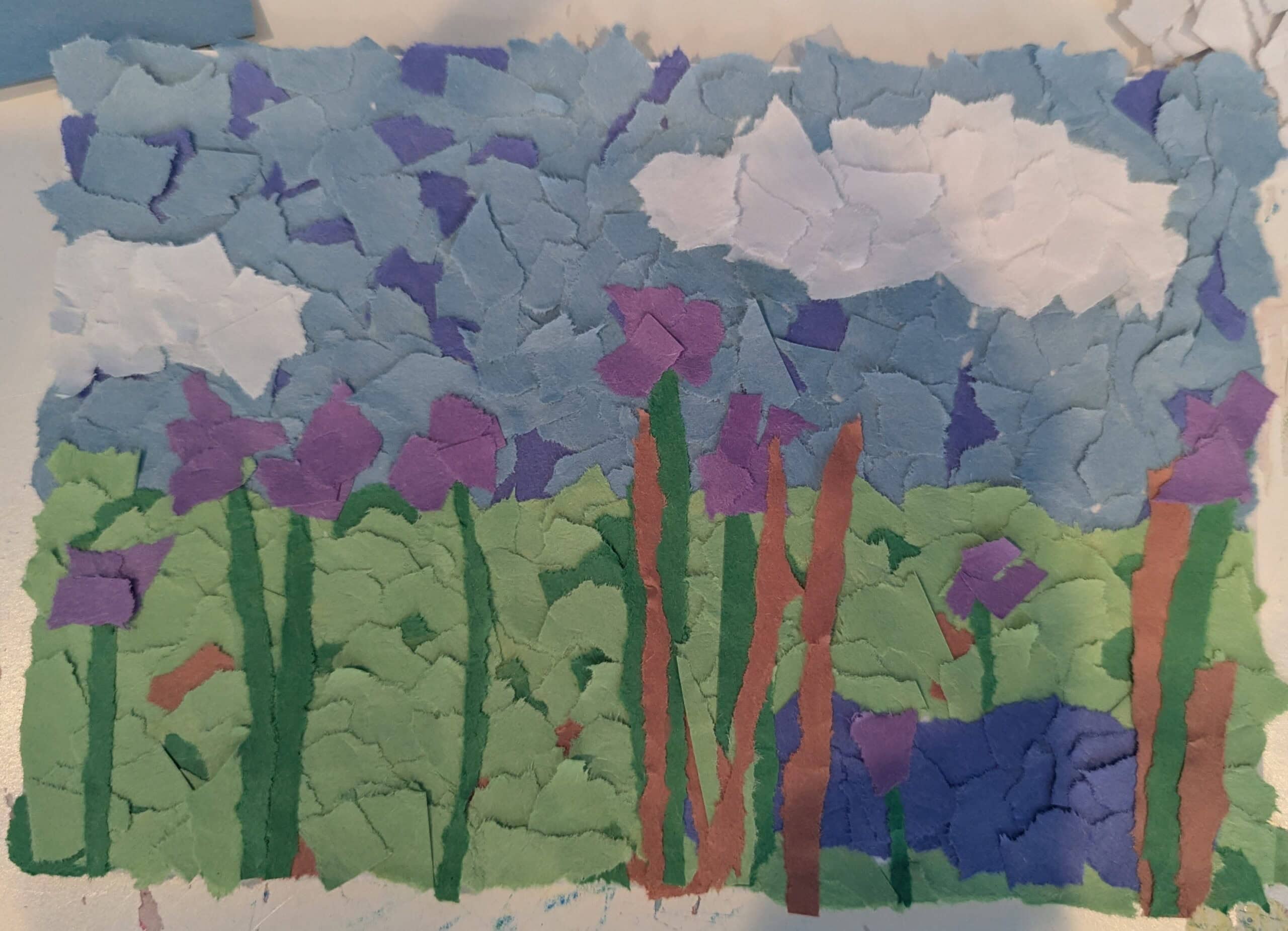 Colorful wildflower collage made with torn paper, showcasing nature-inspired art, promoting native plant gardening for beginners
