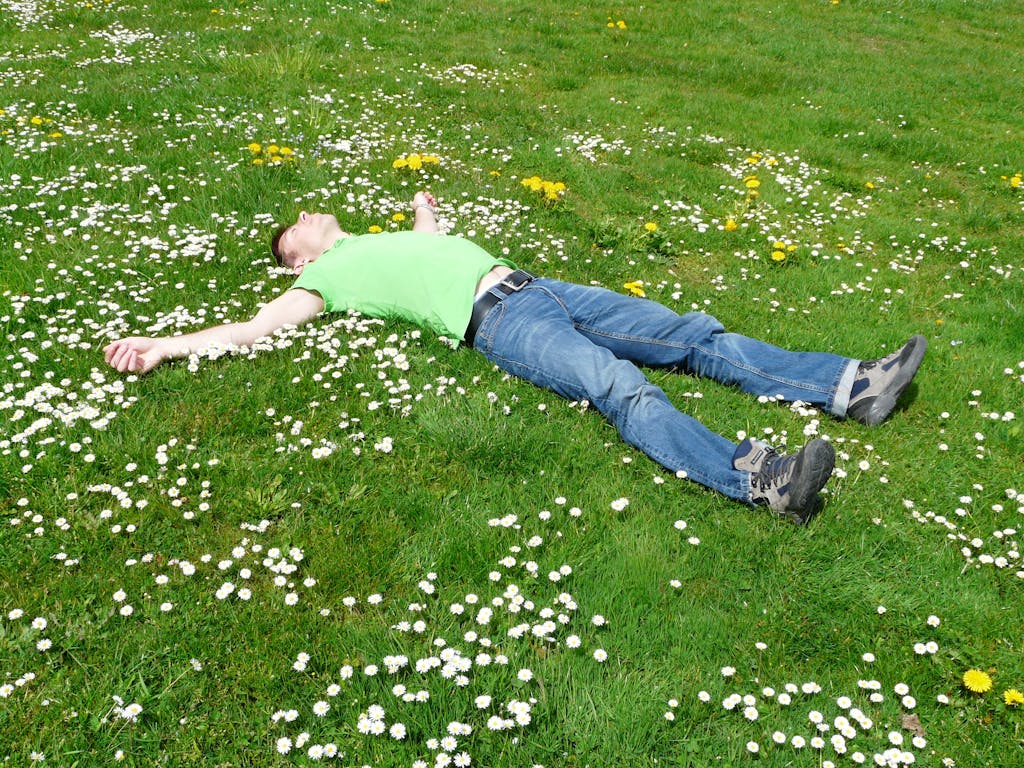 A man lies peacefully in a flowered meadow, embodying relaxation and summer joy, after he decided to create wildlife habitat.