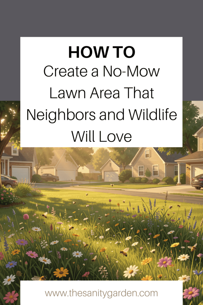 AI generated image of a suburban street with a no-mow zone full of lush wildflowers and pollinators.